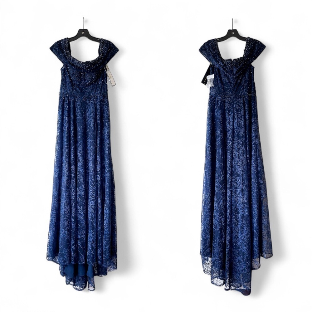 Alexander By‎ Daymor Beaded Gown Maxi Slit Dress Wedding Off-Shoulder Navy 6 NWT